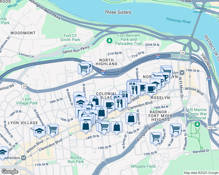 map of restaurants, bars, coffee shops, grocery stores, and more near 1811 Key Boulevard in Arlington