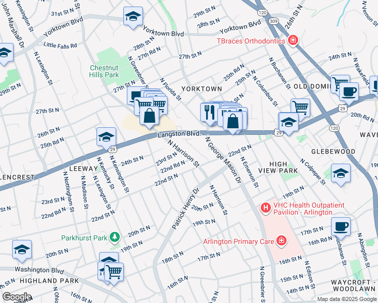 map of restaurants, bars, coffee shops, grocery stores, and more near 2223 North Harrison Street in Arlington