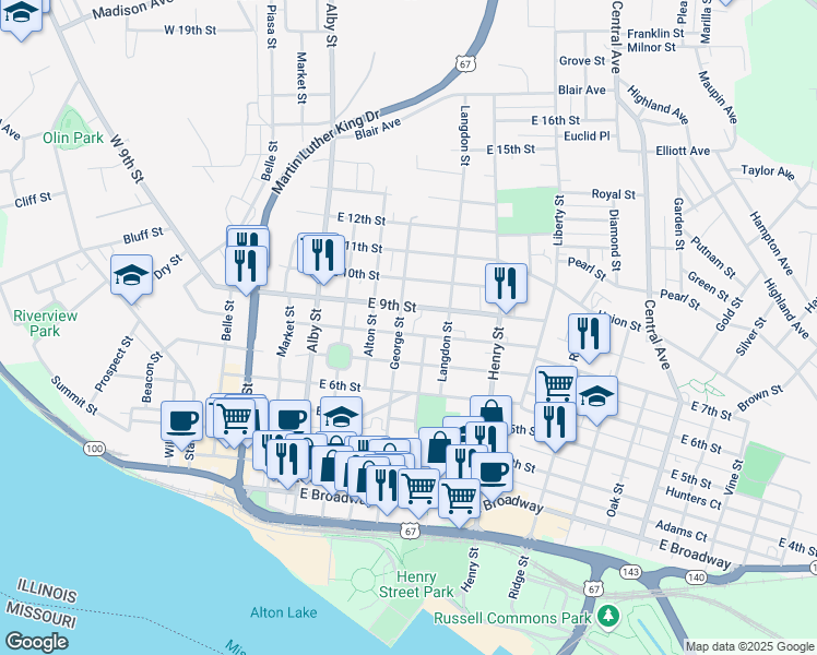 map of restaurants, bars, coffee shops, grocery stores, and more near 408 East 8th Street in Alton