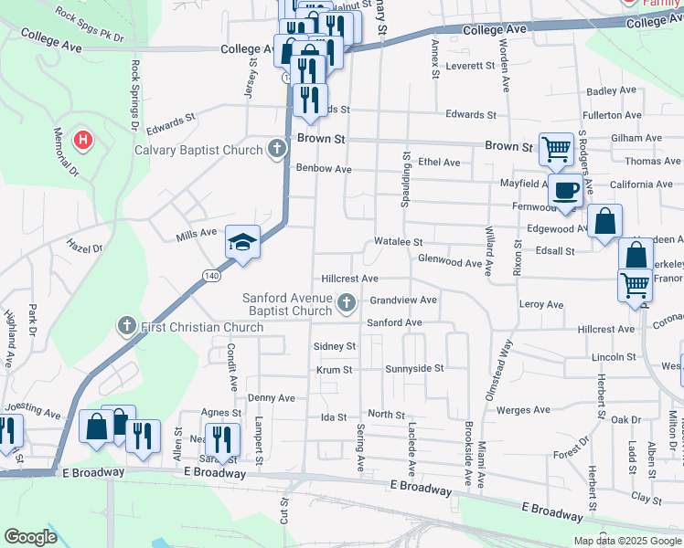 map of restaurants, bars, coffee shops, grocery stores, and more near 2630 Hillcrest Avenue in Alton