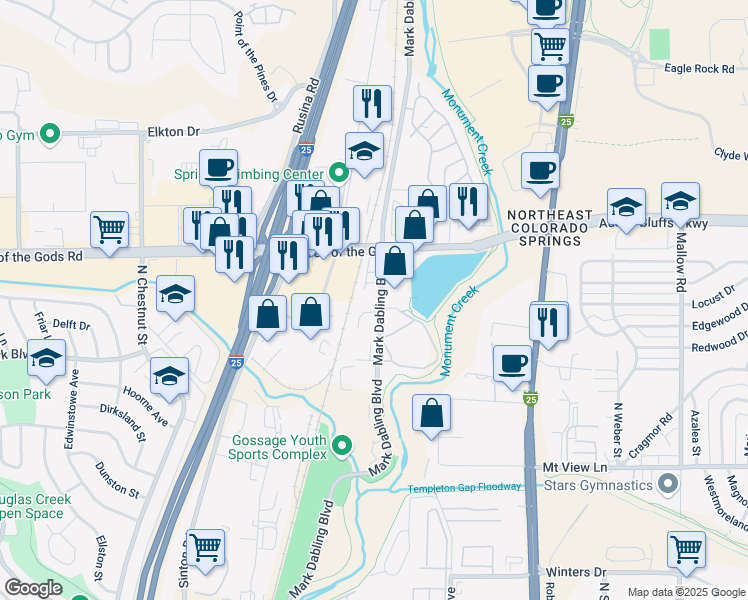 map of restaurants, bars, coffee shops, grocery stores, and more near 4420 Mark Dabling Boulevard in Colorado Springs