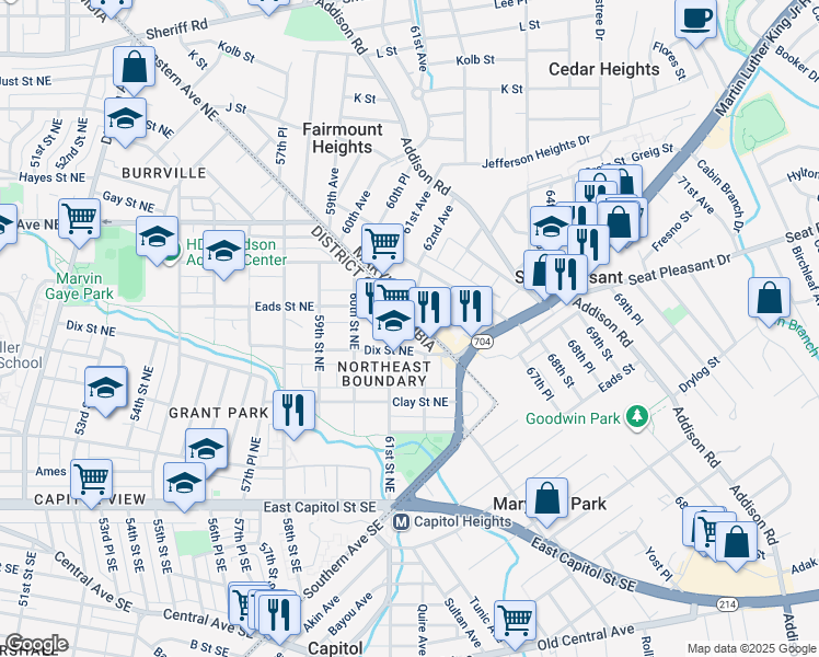map of restaurants, bars, coffee shops, grocery stores, and more near 456 Eastern Avenue Northeast in Washington