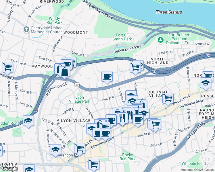 map of restaurants, bars, coffee shops, grocery stores, and more near 2525 Lee Hwy in Arlington
