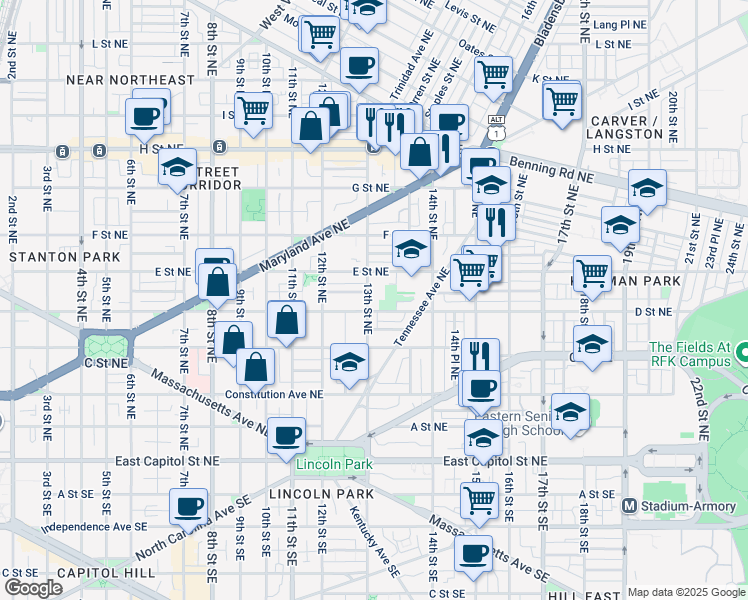 map of restaurants, bars, coffee shops, grocery stores, and more near 401 13th Street Northeast in Washington