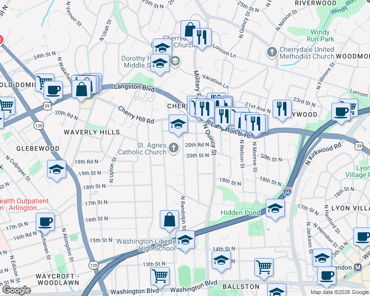 map of restaurants, bars, coffee shops, grocery stores, and more near 2005 North Randolph Street in Arlington