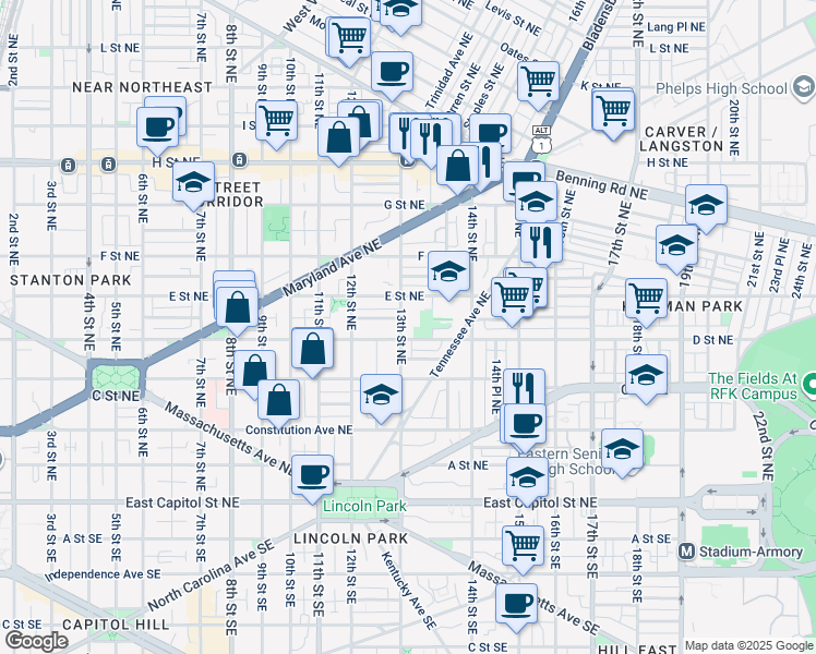 map of restaurants, bars, coffee shops, grocery stores, and more near 401 13th Street Northeast in Washington