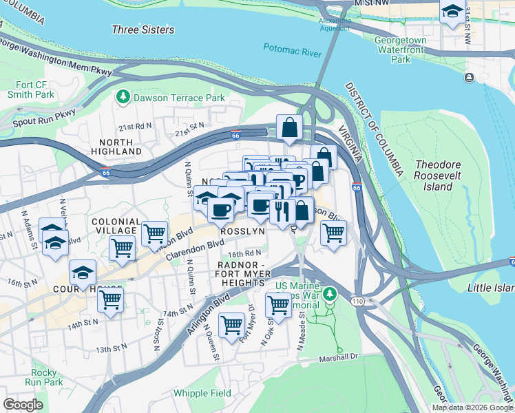 map of restaurants, bars, coffee shops, grocery stores, and more near 1501 Wilson Boulevard in Arlington
