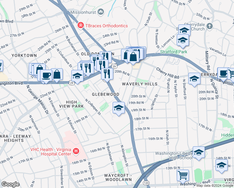 map of restaurants, bars, coffee shops, grocery stores, and more near 1904 North Woodley Street in Arlington