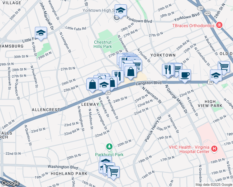 map of restaurants, bars, coffee shops, grocery stores, and more near 5600 Lee Highway in Arlington