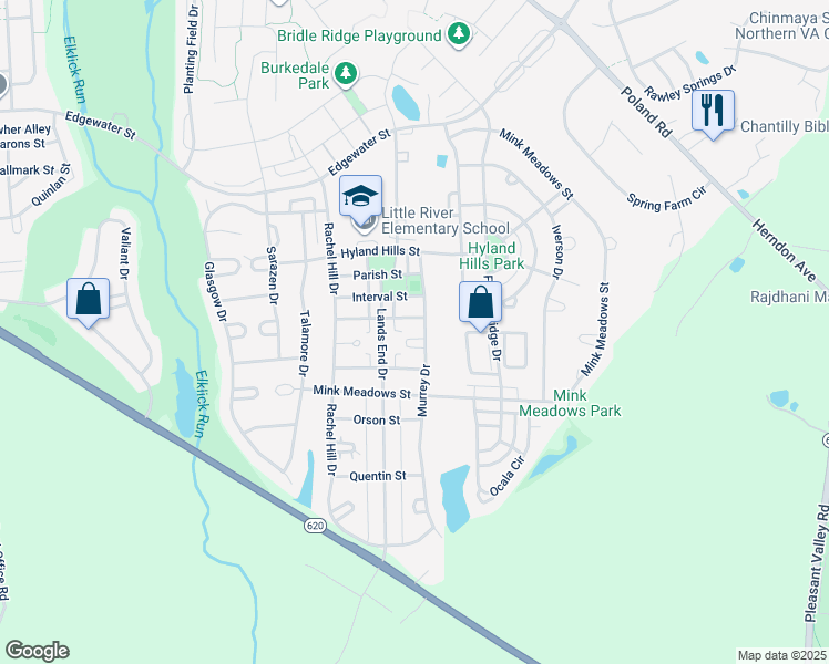 map of restaurants, bars, coffee shops, grocery stores, and more near 43517 Kiplington Square in Chantilly