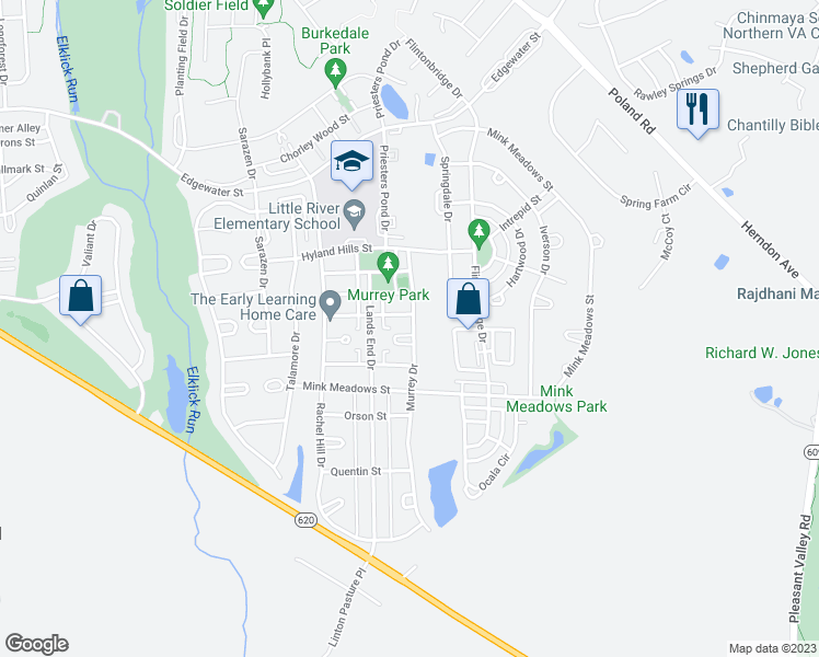 map of restaurants, bars, coffee shops, grocery stores, and more near 43509 Kiplington Square in Chantilly