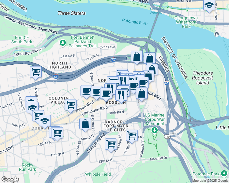 map of restaurants, bars, coffee shops, grocery stores, and more near 1525 Wilson Boulevard in Arlington