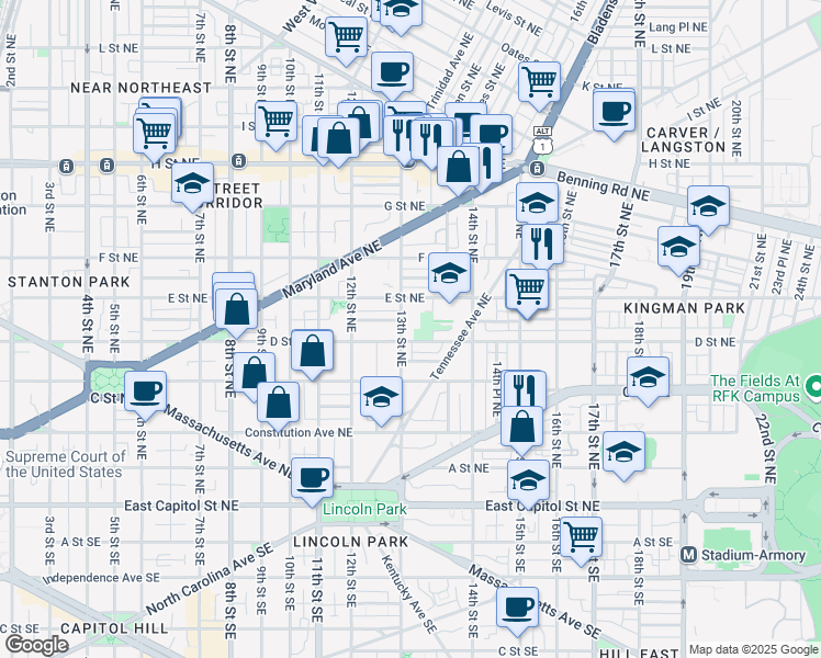map of restaurants, bars, coffee shops, grocery stores, and more near 101 Independence Avenue Southeast in Washington