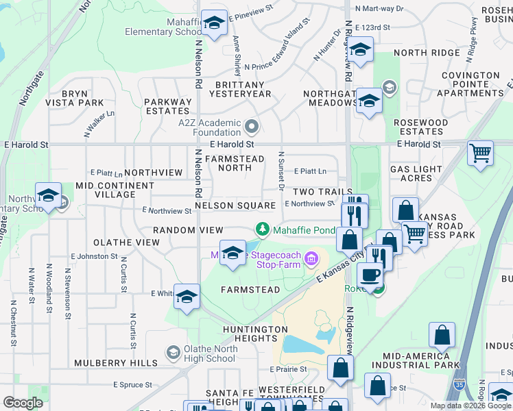 map of restaurants, bars, coffee shops, grocery stores, and more near 169 Nelson Circle in Olathe