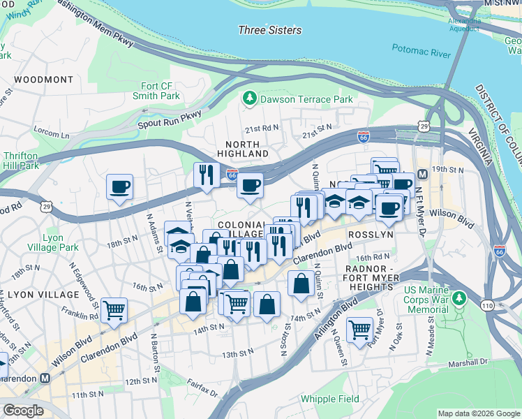 map of restaurants, bars, coffee shops, grocery stores, and more near 1418 North Rhodes Street in Arlington