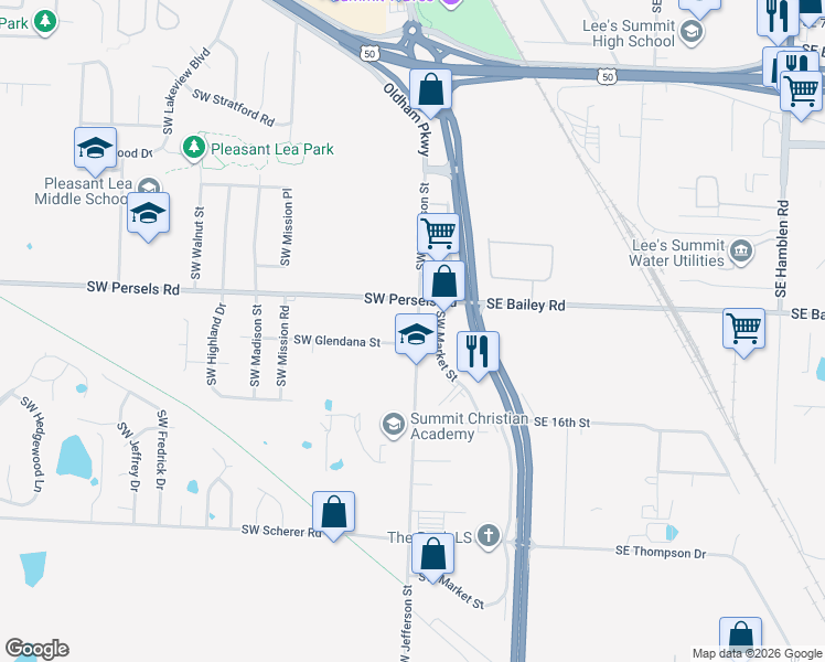 map of restaurants, bars, coffee shops, grocery stores, and more near 1408 Southwest Jefferson Street in Lee's Summit