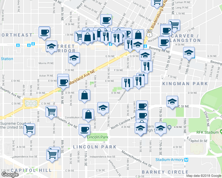 map of restaurants, bars, coffee shops, grocery stores, and more near 401 13th Street Northeast in Washington
