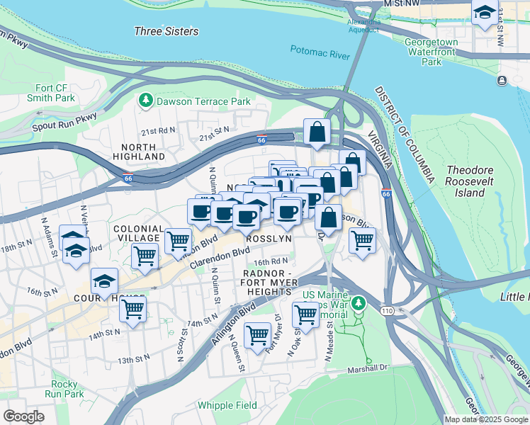 map of restaurants, bars, coffee shops, grocery stores, and more near 1525 Wilson Boulevard in Arlington