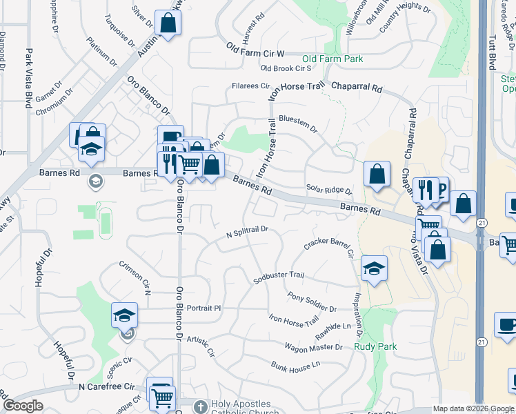 map of restaurants, bars, coffee shops, grocery stores, and more near 5003 Rainbow Harbour Circle in Colorado Springs