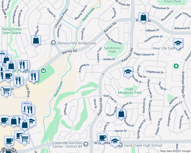 map of restaurants, bars, coffee shops, grocery stores, and more near 4248 Aryshire Lane in Colorado Springs
