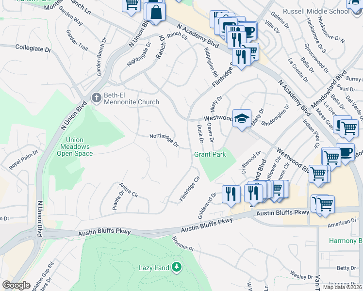 map of restaurants, bars, coffee shops, grocery stores, and more near 2715 Northridge Drive in Colorado Springs