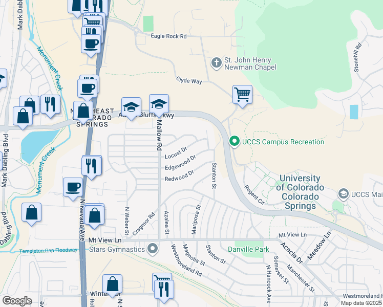 map of restaurants, bars, coffee shops, grocery stores, and more near 429 Edgewood Drive in Colorado Springs
