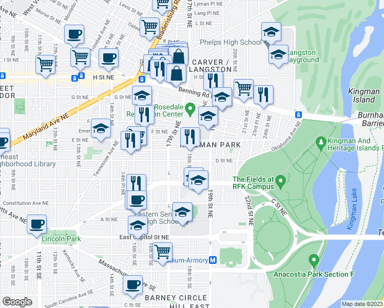 map of restaurants, bars, coffee shops, grocery stores, and more near 101 Independence Avenue Southeast in Washington