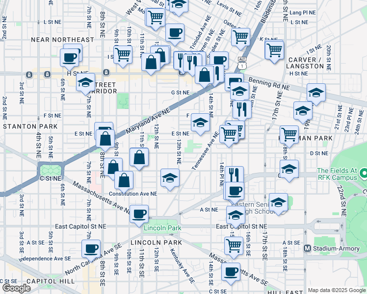 map of restaurants, bars, coffee shops, grocery stores, and more near 101 Independence Avenue Southeast in Washington