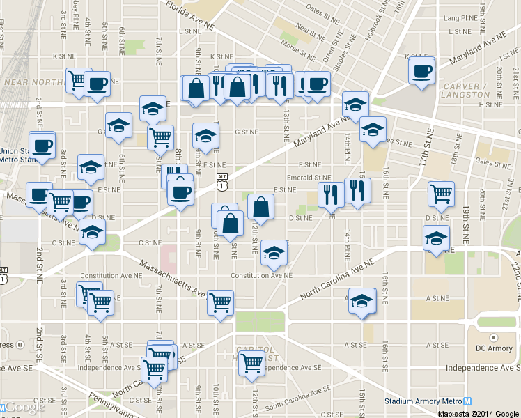 map of restaurants, bars, coffee shops, grocery stores, and more near 101 Independence Avenue Southeast in Washington