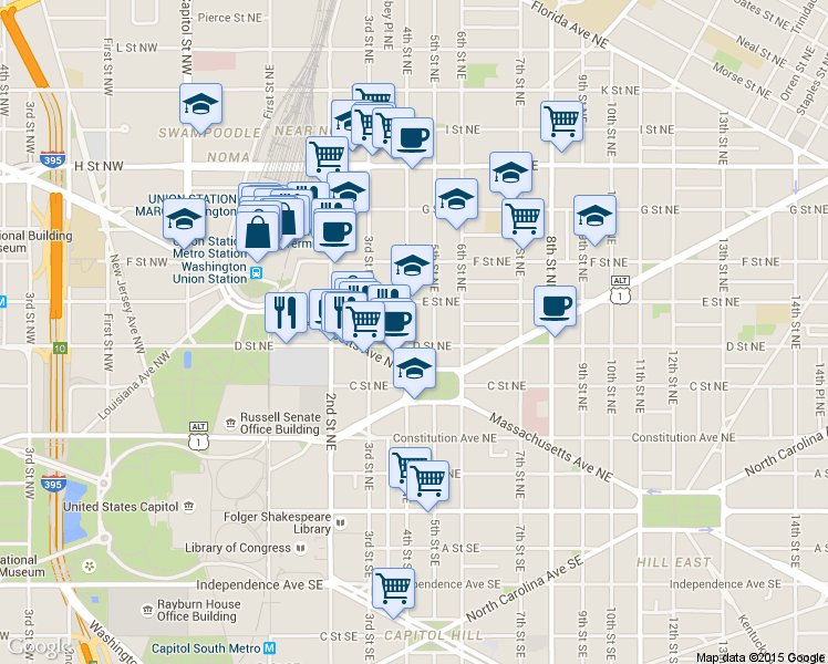 map of restaurants, bars, coffee shops, grocery stores, and more near 101 Independence Avenue Southeast in Washington