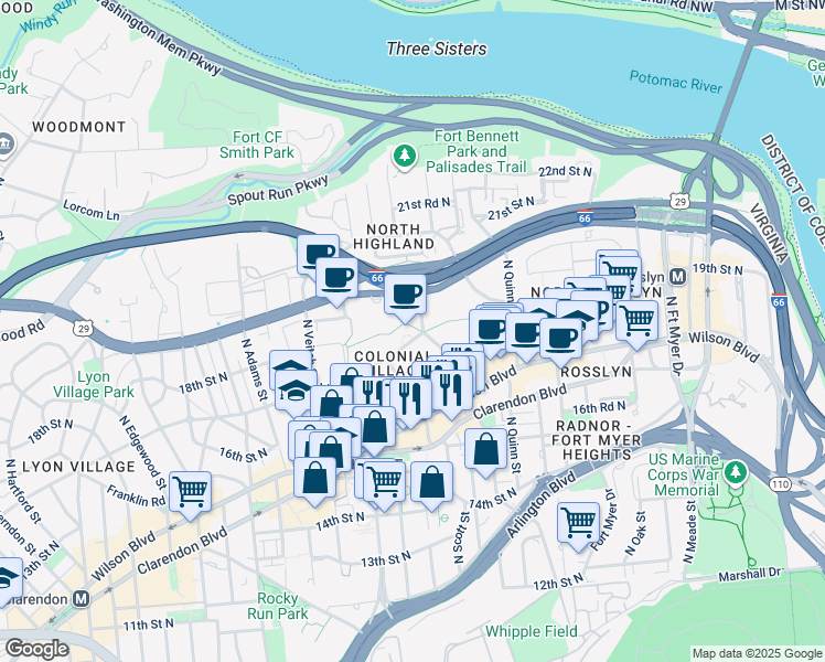 map of restaurants, bars, coffee shops, grocery stores, and more near 101 Independence Avenue Southeast in Washington