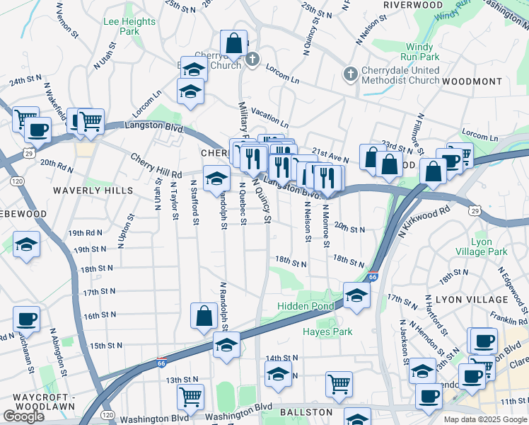 map of restaurants, bars, coffee shops, grocery stores, and more near 4000 20th Road North in Arlington