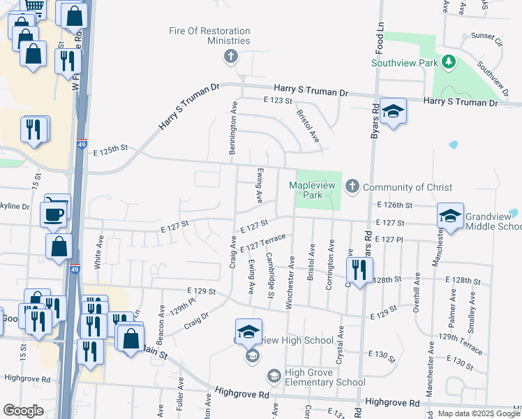 map of restaurants, bars, coffee shops, grocery stores, and more near 6721 East 126th Street in Grandview