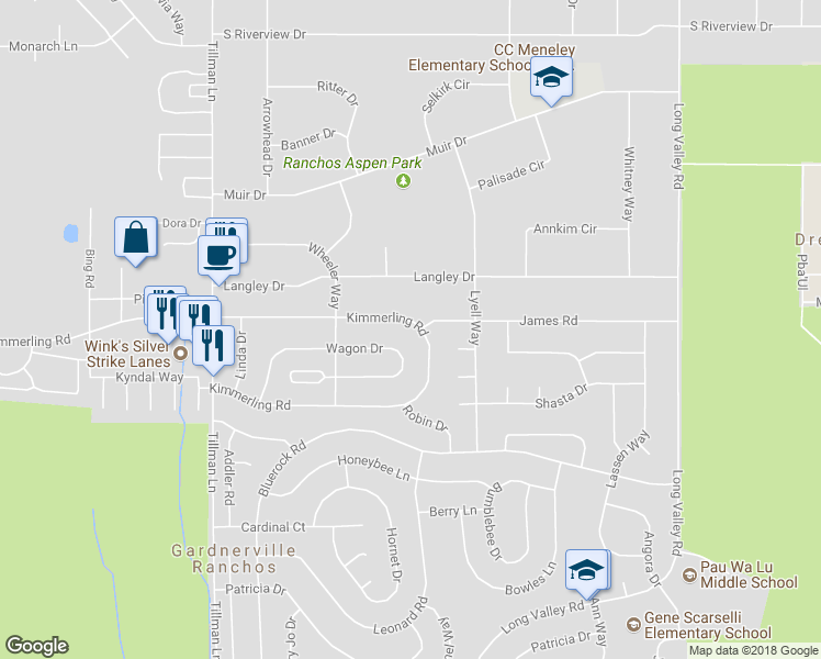 map of restaurants, bars, coffee shops, grocery stores, and more near 1367 Kimmerling Road in Gardnerville