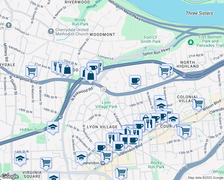 map of restaurants, bars, coffee shops, grocery stores, and more near 2801 Langston Boulevard in Arlington