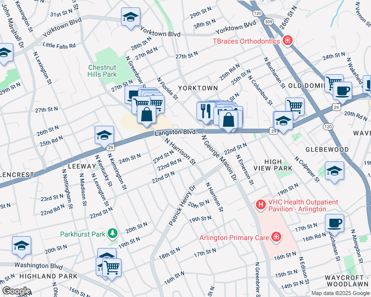 map of restaurants, bars, coffee shops, grocery stores, and more near 2223 North Harrison Street in Arlington