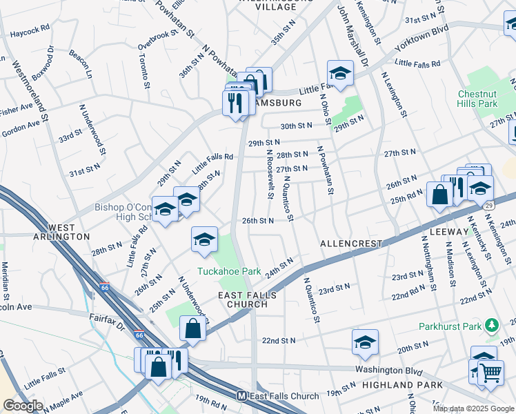 map of restaurants, bars, coffee shops, grocery stores, and more near 2615 North Rockingham Street in Arlington