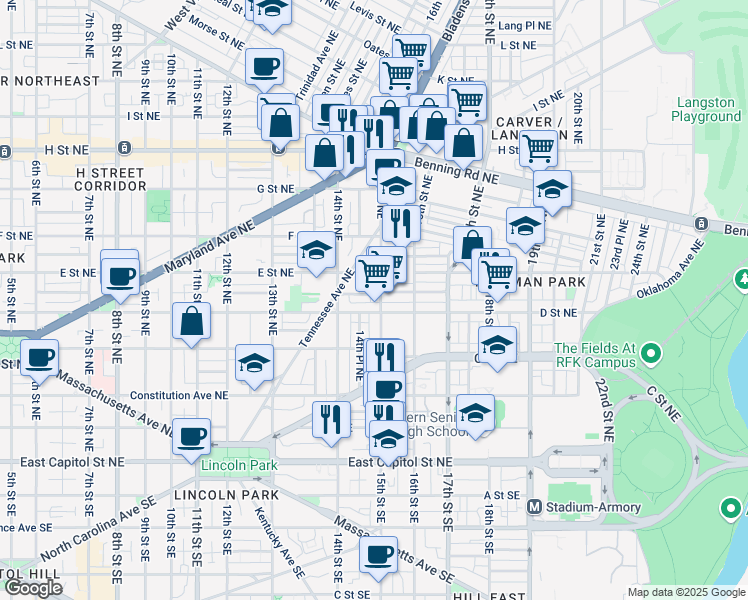 map of restaurants, bars, coffee shops, grocery stores, and more near 410 15th Street Northeast in Washington