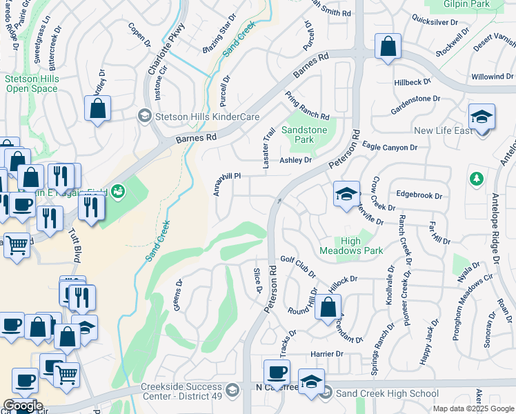 map of restaurants, bars, coffee shops, grocery stores, and more near 4248 Aryshire Lane in Colorado Springs