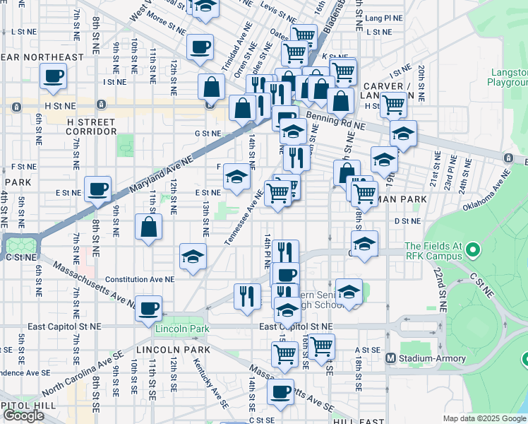 map of restaurants, bars, coffee shops, grocery stores, and more near 101 Independence Avenue Southeast in Washington
