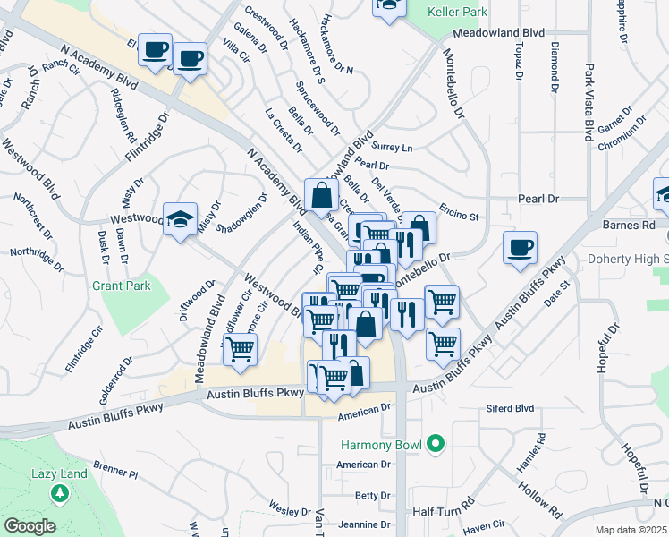 map of restaurants, bars, coffee shops, grocery stores, and more near 3721 Indianpipe Circle in Colorado Springs