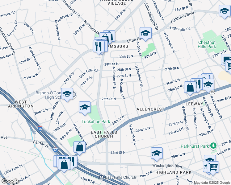 map of restaurants, bars, coffee shops, grocery stores, and more near 2615 North Roosevelt Street in Arlington