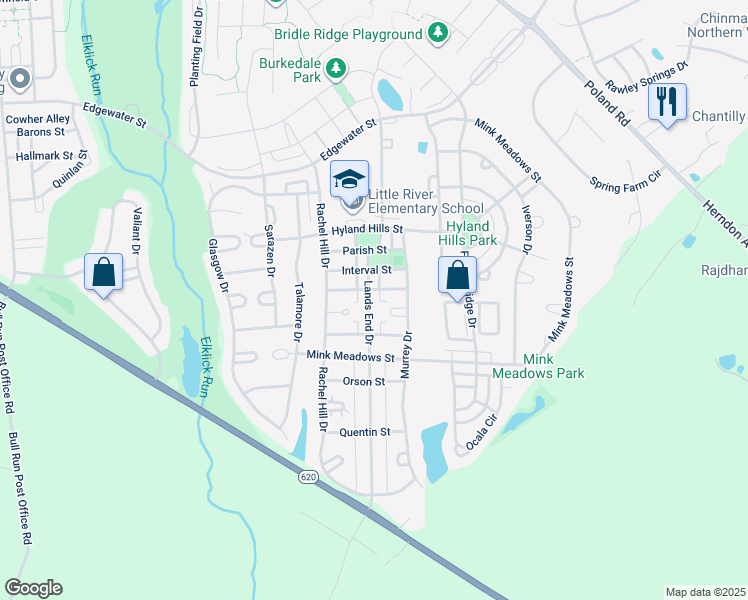 map of restaurants, bars, coffee shops, grocery stores, and more near 26108 Lands End Drive in Chantilly