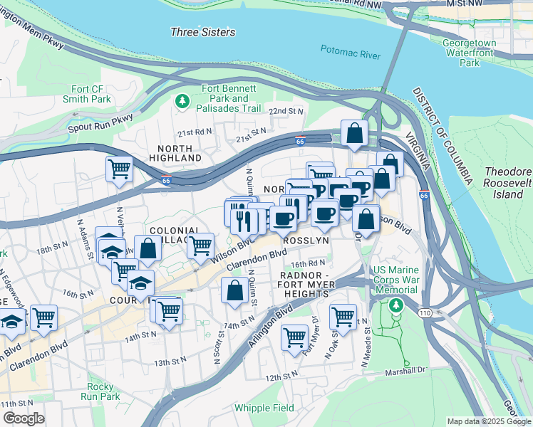 map of restaurants, bars, coffee shops, grocery stores, and more near 9 18th Street North in Arlington