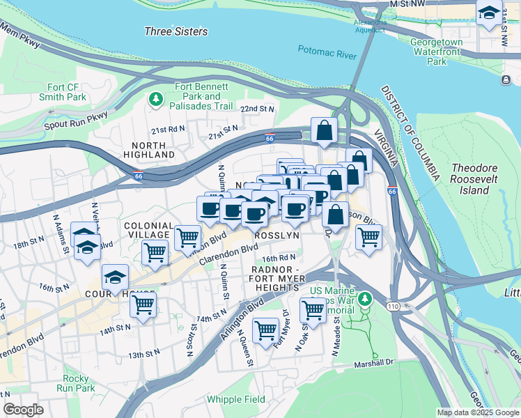map of restaurants, bars, coffee shops, grocery stores, and more near 1781 North Pierce Street in Arlington