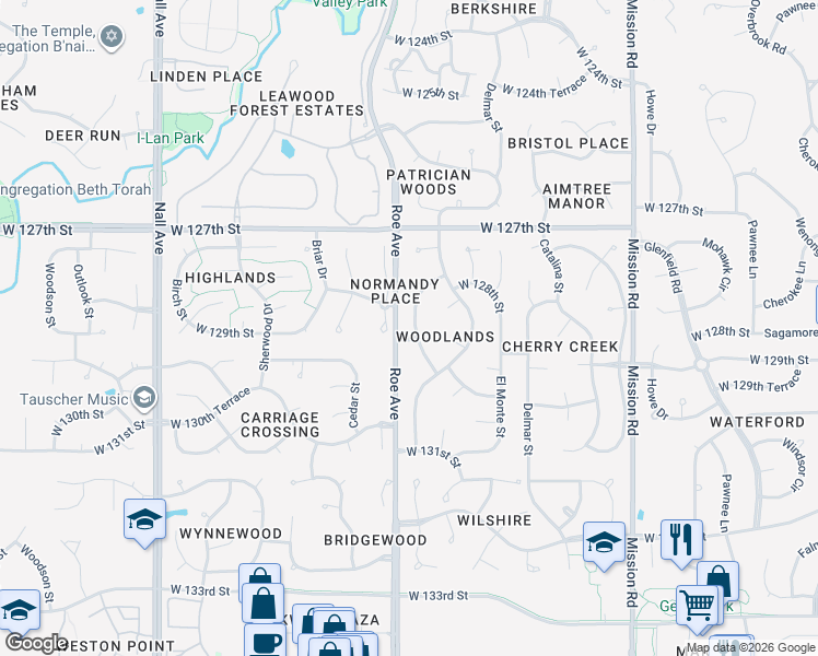map of restaurants, bars, coffee shops, grocery stores, and more near 12856 Granada Lane in Leawood