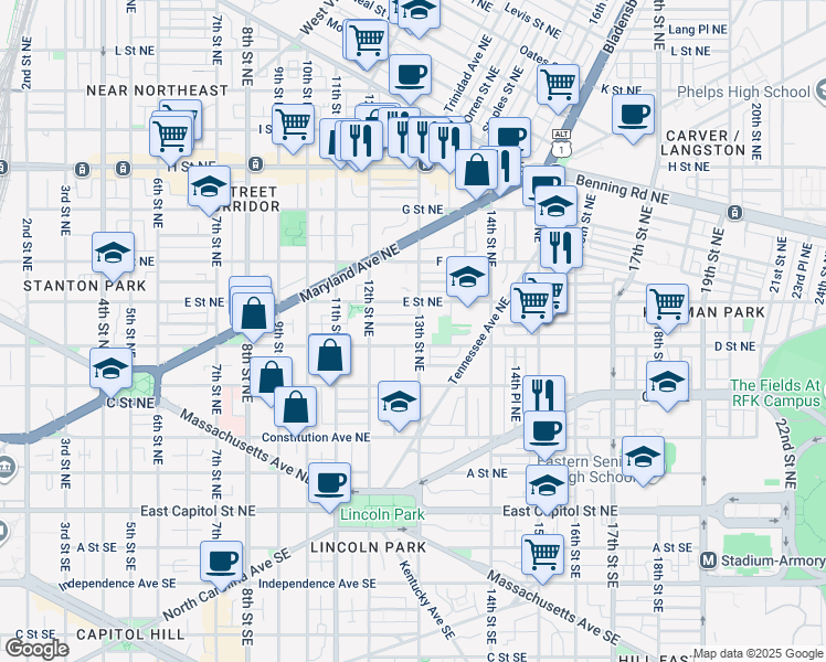 map of restaurants, bars, coffee shops, grocery stores, and more near 408 13th Street Northeast in Washington