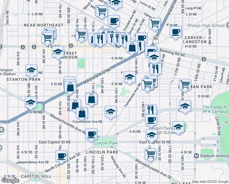 map of restaurants, bars, coffee shops, grocery stores, and more near 408 13th Street Northeast in Washington