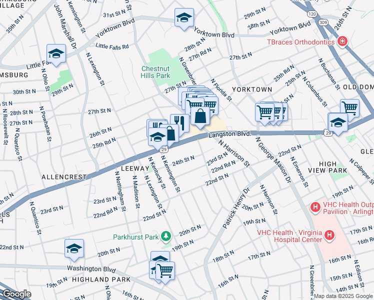 map of restaurants, bars, coffee shops, grocery stores, and more near 5560 Langston Boulevard in Arlington