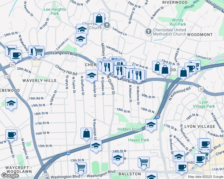map of restaurants, bars, coffee shops, grocery stores, and more near 4000 20th Road North in Arlington